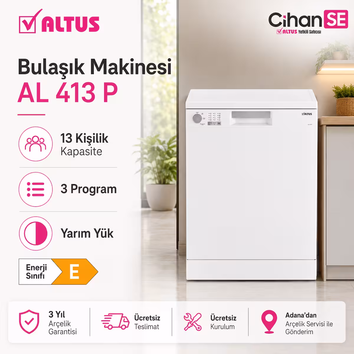 Altus AL-413 P 3 Program Bulaşık Makinesi 13 Kişilik