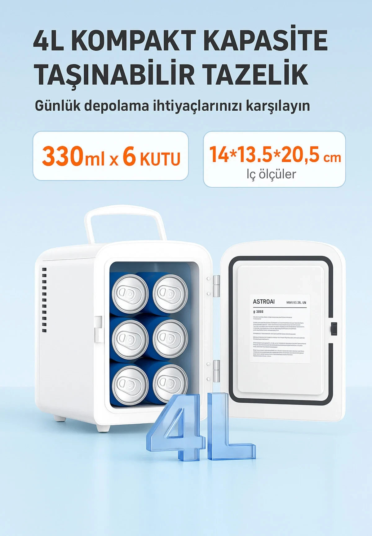 AstroAI Mini Buzdolabı 4L – Taşınabilir Sessiz Soğutucu (12V/220V, Raflı, Ev & Araç Kullanımı)