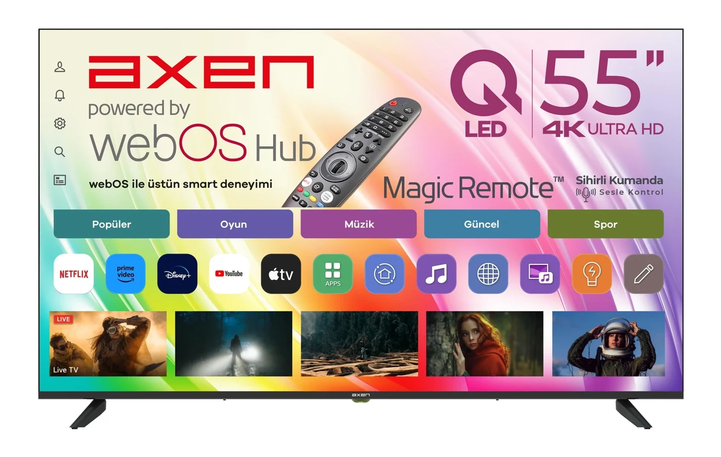 Axen AX55QUPRL-W02M 55″ 139 Ekran 4K Ultra HD QLED webOS Smart TV e-ARC Destekli Sihirli Kumanda