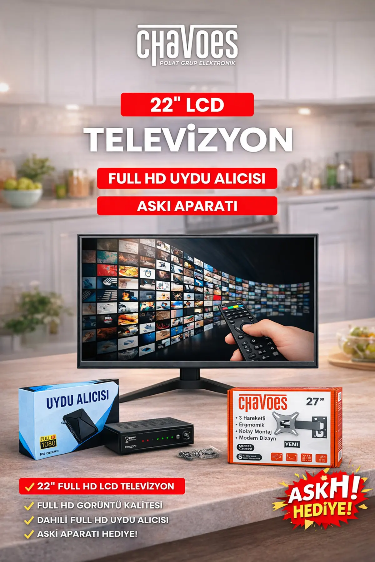 Chavoes 22 İnç Mutfak Televizyonu | Full HD Uydu Alıcılı LCD TV + Askı Aparatı