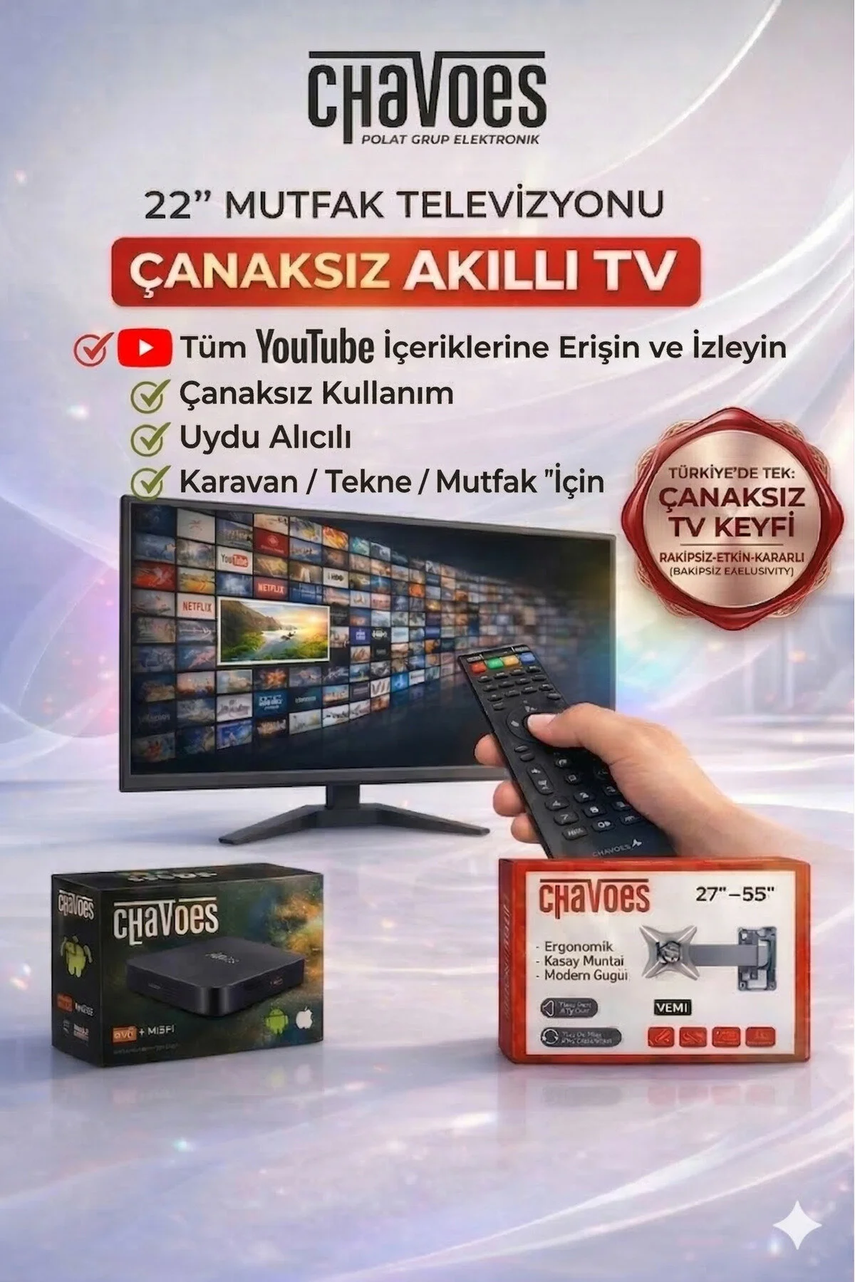 Chavoes 22 İnç Mutfak TV + Android Box | Çanak Antensiz WiFi TV | Askı Aparatı Hediyeli