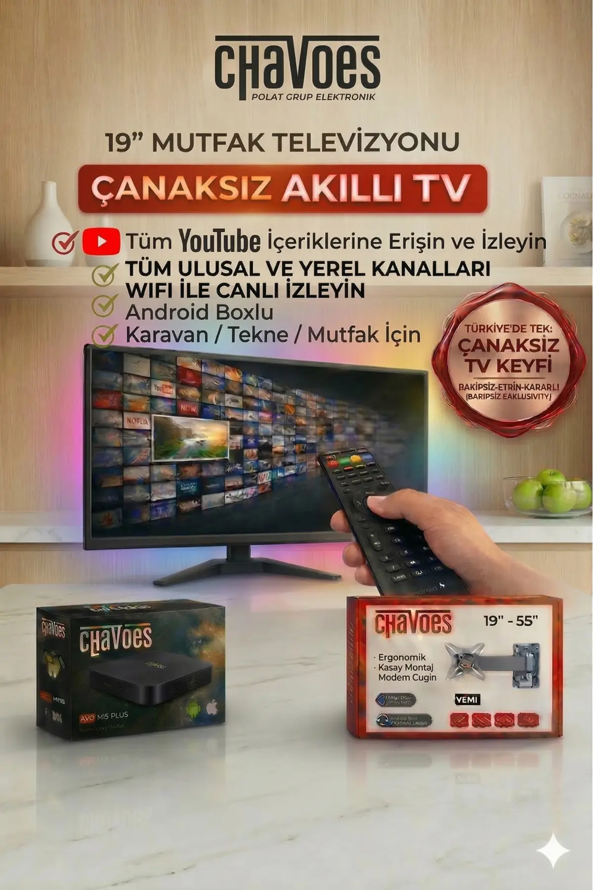 Chavoes Çanaksız WİFİ Free IPTV Televizyon-Monitör Uydu Alıcısı Askı Aparatı 49 Ekran Mutfak Televizyonu