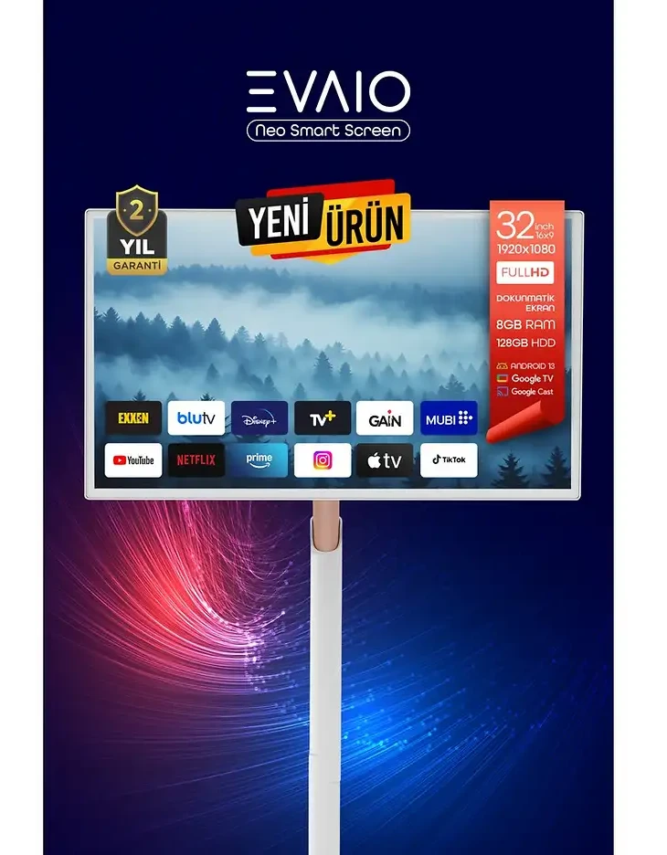 EVAIO Neo HDD Taşınabilir Android Smart LED Ayaklı Ekran 32 inç 81 cm Full-HD SMART TV LED Ekran