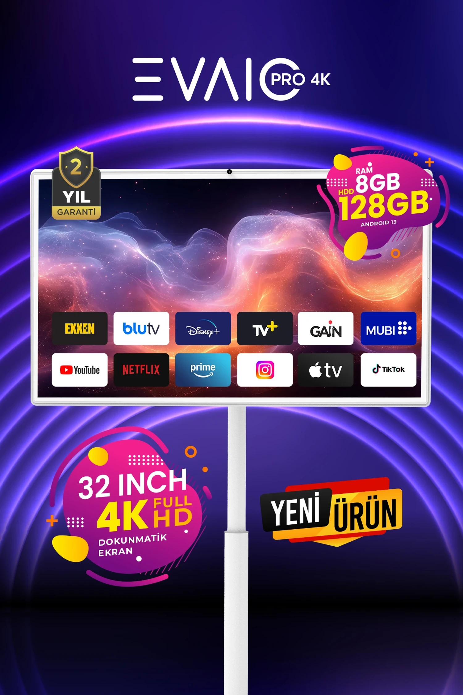 EVAIO PRO 4K 32″ Android Smart Taşınabilir LED TV