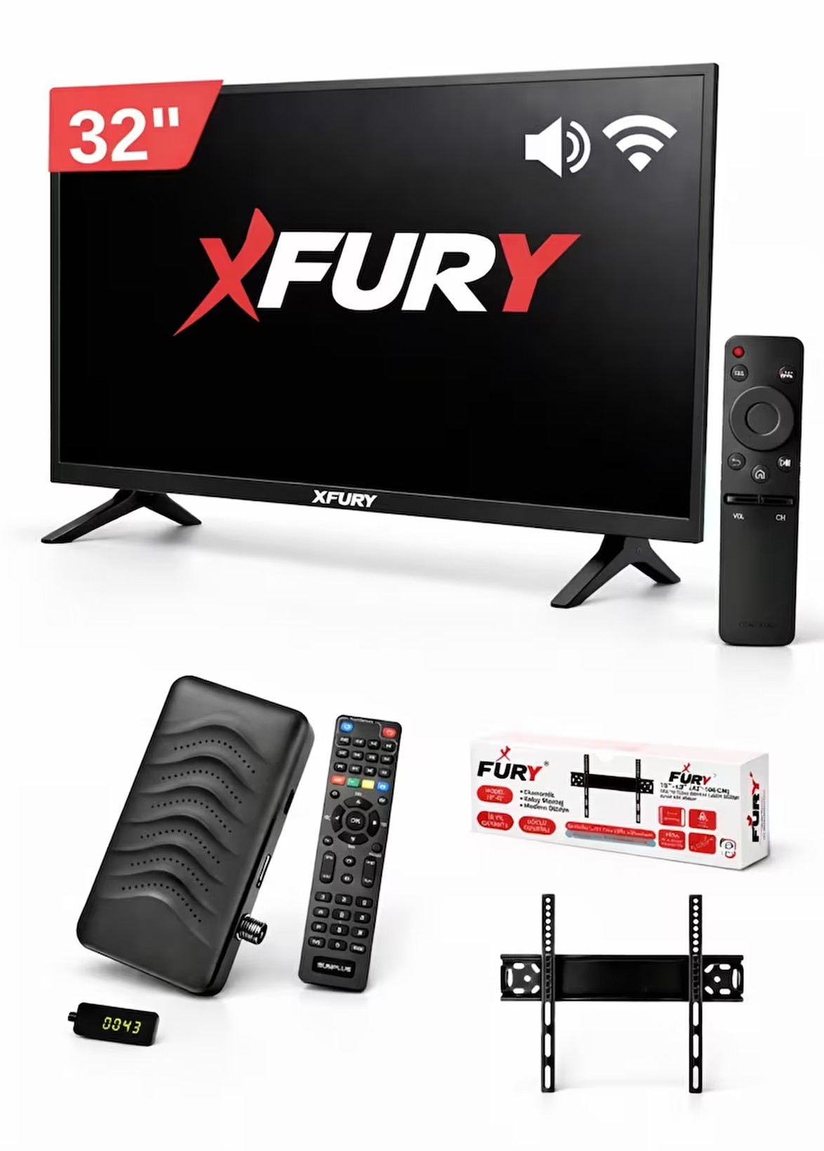 Fury 32’’ (82 Ekran) Kırılmaz Ekran Monitör|Çanaklı/Çanaksız WiFi’li Uydu Alıcısı+TV Askı Aparatı HEDİYE