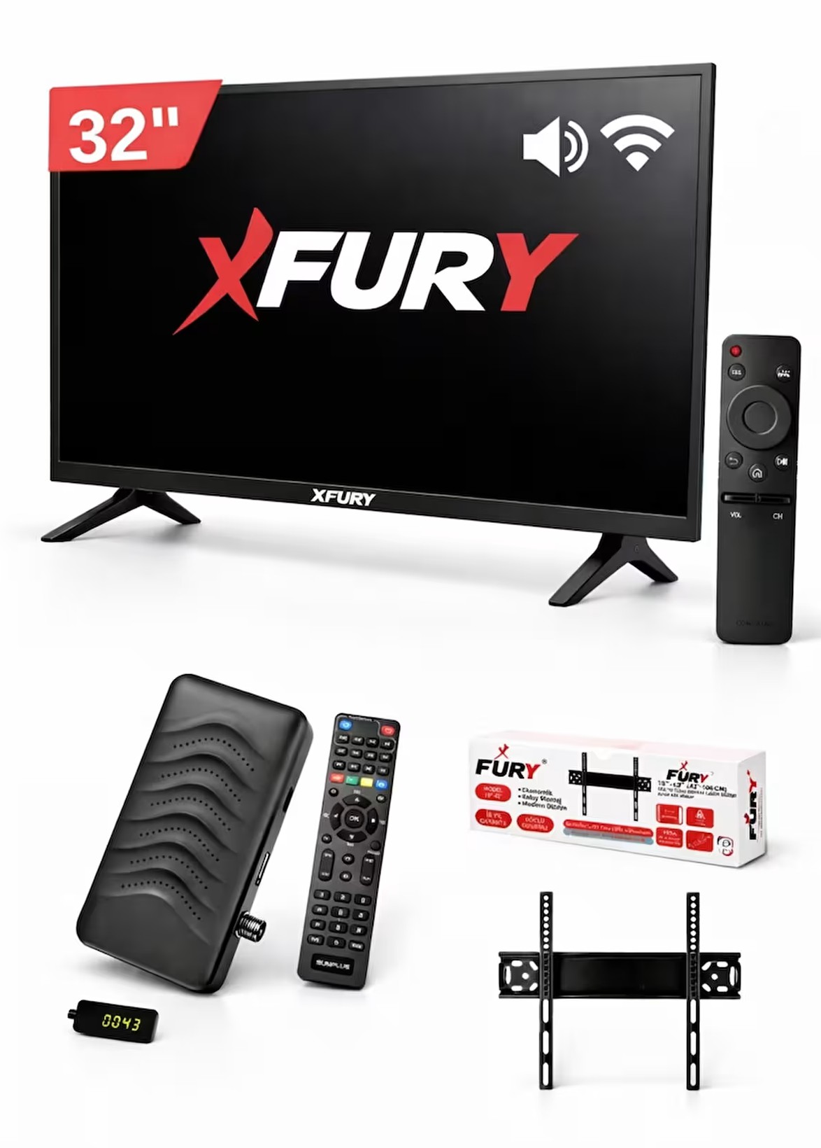 FURY 32” (82 Ekran) Kırılmaz Monitör | WiFi’li Uydu Alıcısı + TV Askı Aparatı Hediyeli