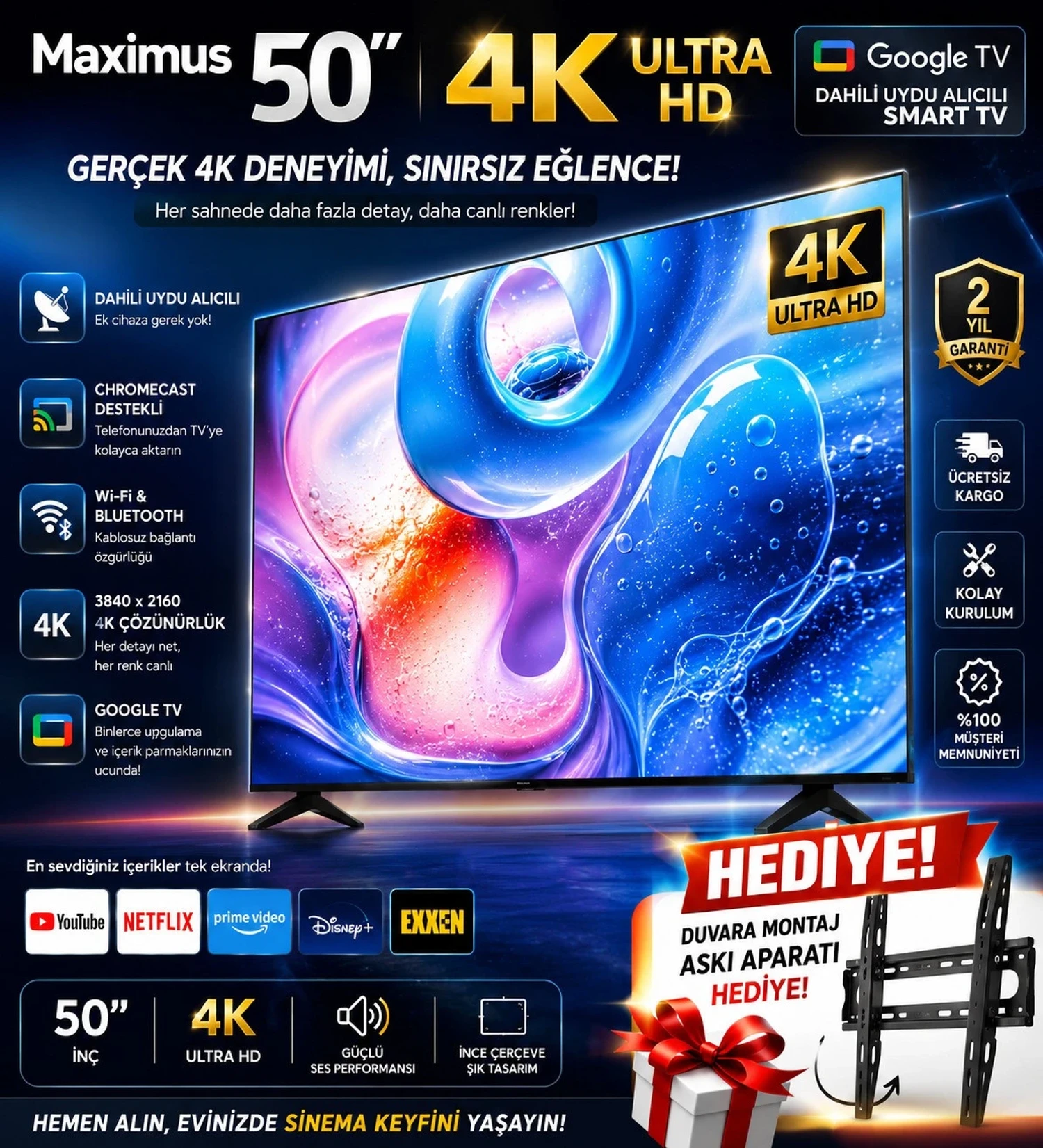 Maximus 50 İnç 127 Ekran 4K Ultra HD Google TV Dahili Uydu Alıcılı Smart LED TV + Duvar Askı Aparatı Hediyeli