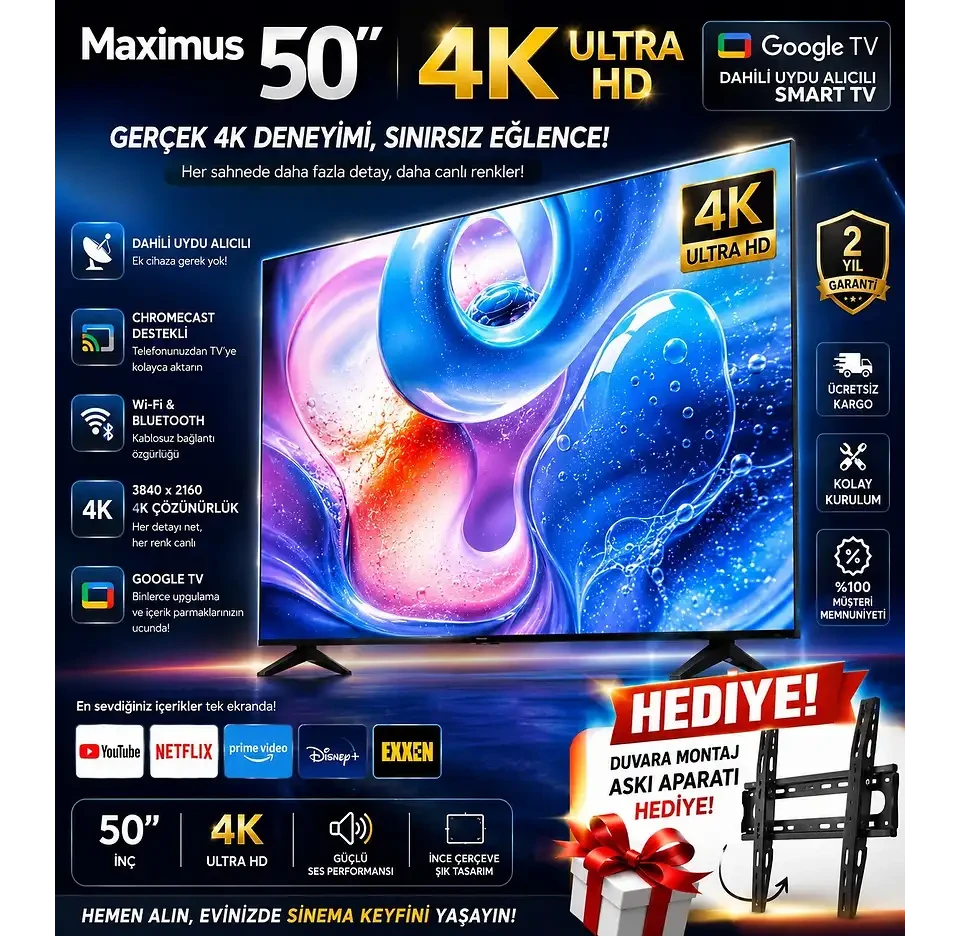 MAXIMUS Google Dahili Uydu Alıcılı Smart 50 inç 127 cm 4K UHD LED TV