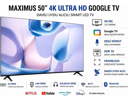 Maximus UHA 50 M9P 4K Ultra HD 50″ 127 Ekran Uydu Alıcılı Google Smart LED TV