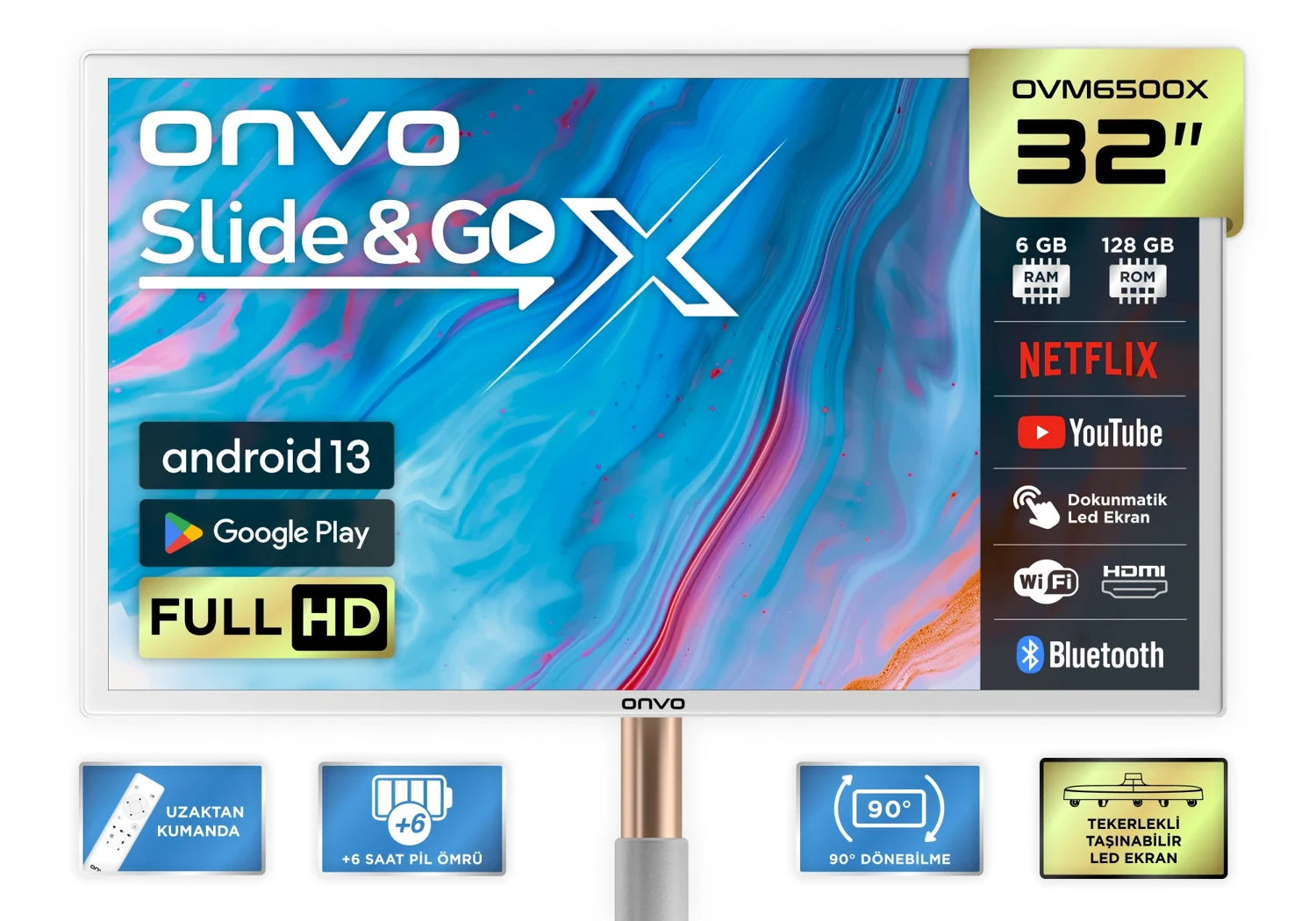 Onvo 32OVM6500X 32” 82 Ekran Slide&GoX Android 13 Smart LED Ekran ( Taşınabilir, Dokunmatik )