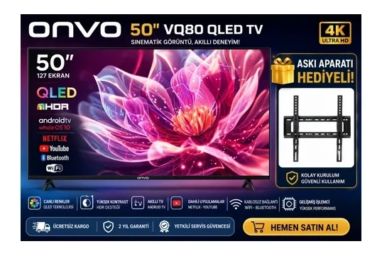 ONVO 50″ 50VQ80F2FA QLED TV 127 EKRAN I SMART TV I ASKİ APARATI HEDİYE I FIRSAT ÜRÜNÜ