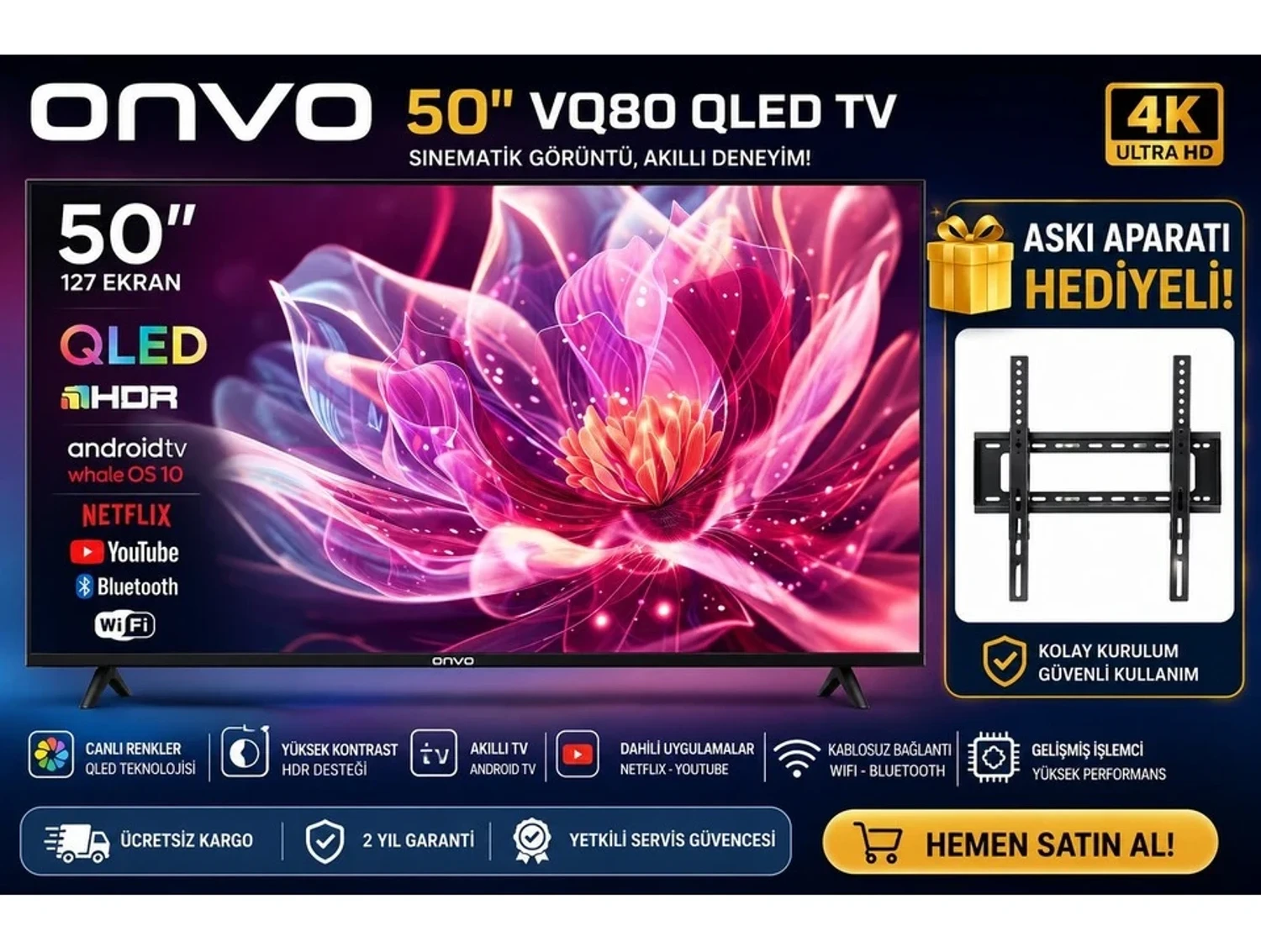 Onvo 50″ VQ80 QLED Android Smart Tv | Hdr Destekli | Netflix & Youtube | Bluetooth & Wifi | Askı Aparatı Hediyeli