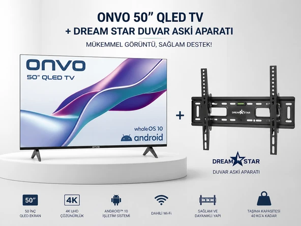 Onvo 50VQ80F2FA Full HD 50″ 127 Ekran Uydu Alıcılı Smart QLED TV VE DUVAR ASKI APARATI