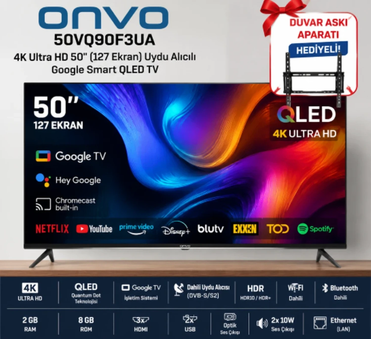 Onvo 50VQ90F3UA 4K Ultra HD 50″ 127 Ekran Uydu Alıcılı Google Smart QLED TV+ASKI APARATI