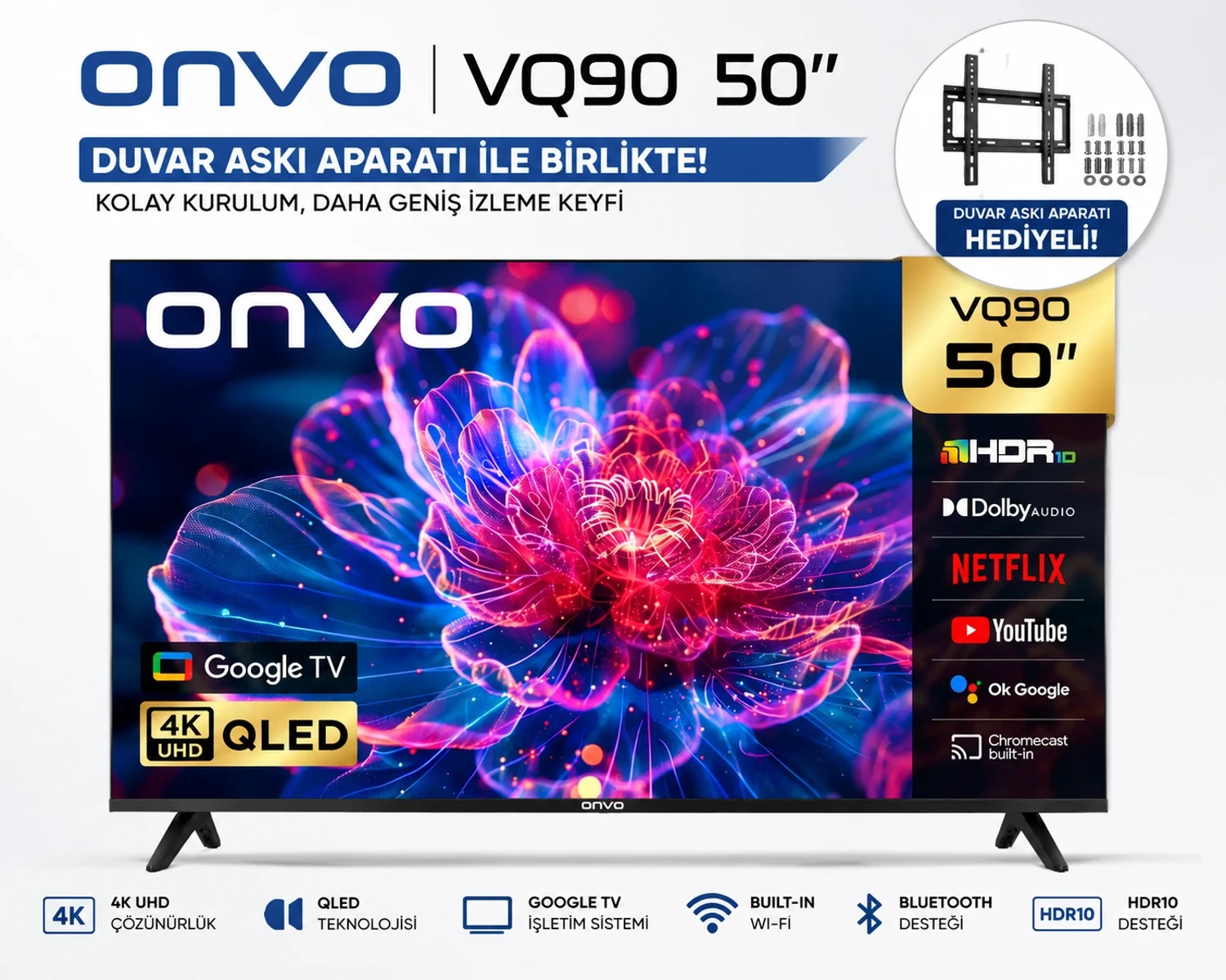 ONVO 50VQ90F3UA 50 127 Ekran Google TV QLED HDR10 Bluetooth Wi-Fi Duvar Askı Aparatı Dahil