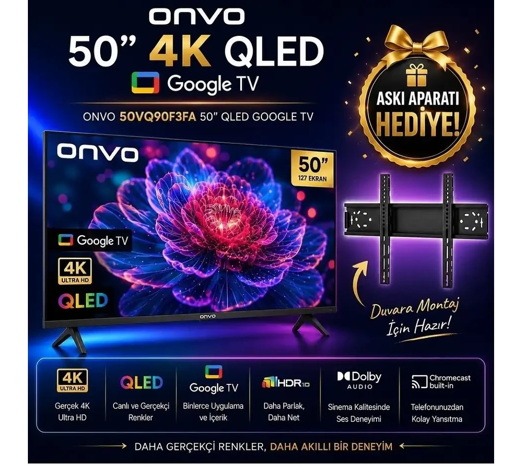 ONVO 50VQ90F3UA Uydu Alıcılı Google Smart 50 inç 140 cm 4K UHD QLED TV