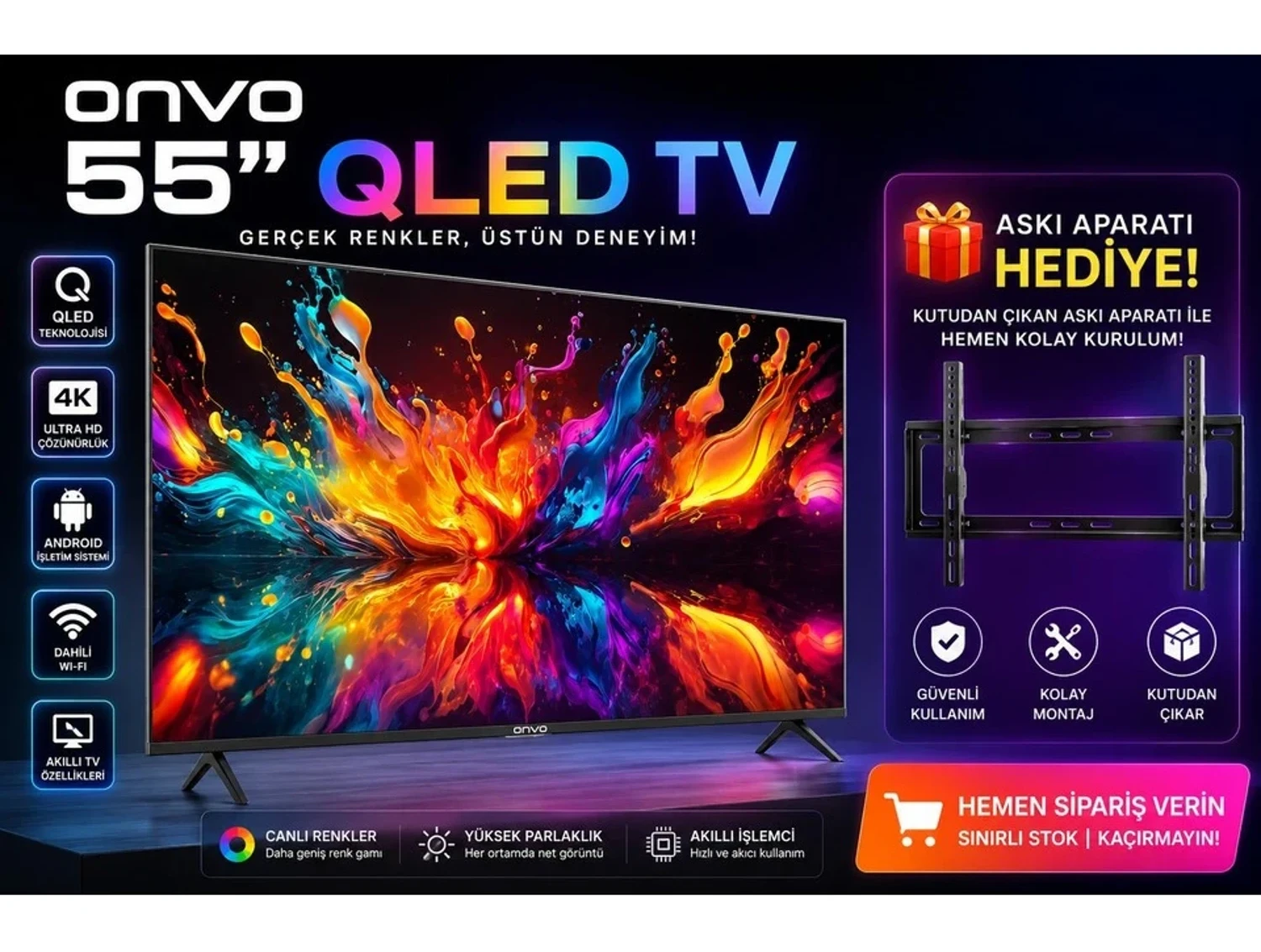 Onvo 55″ QLED 4K Ultra Hd Google Smart Tv | Dahili Uydu Alıcılı | Askı Aparatı Hediyeli