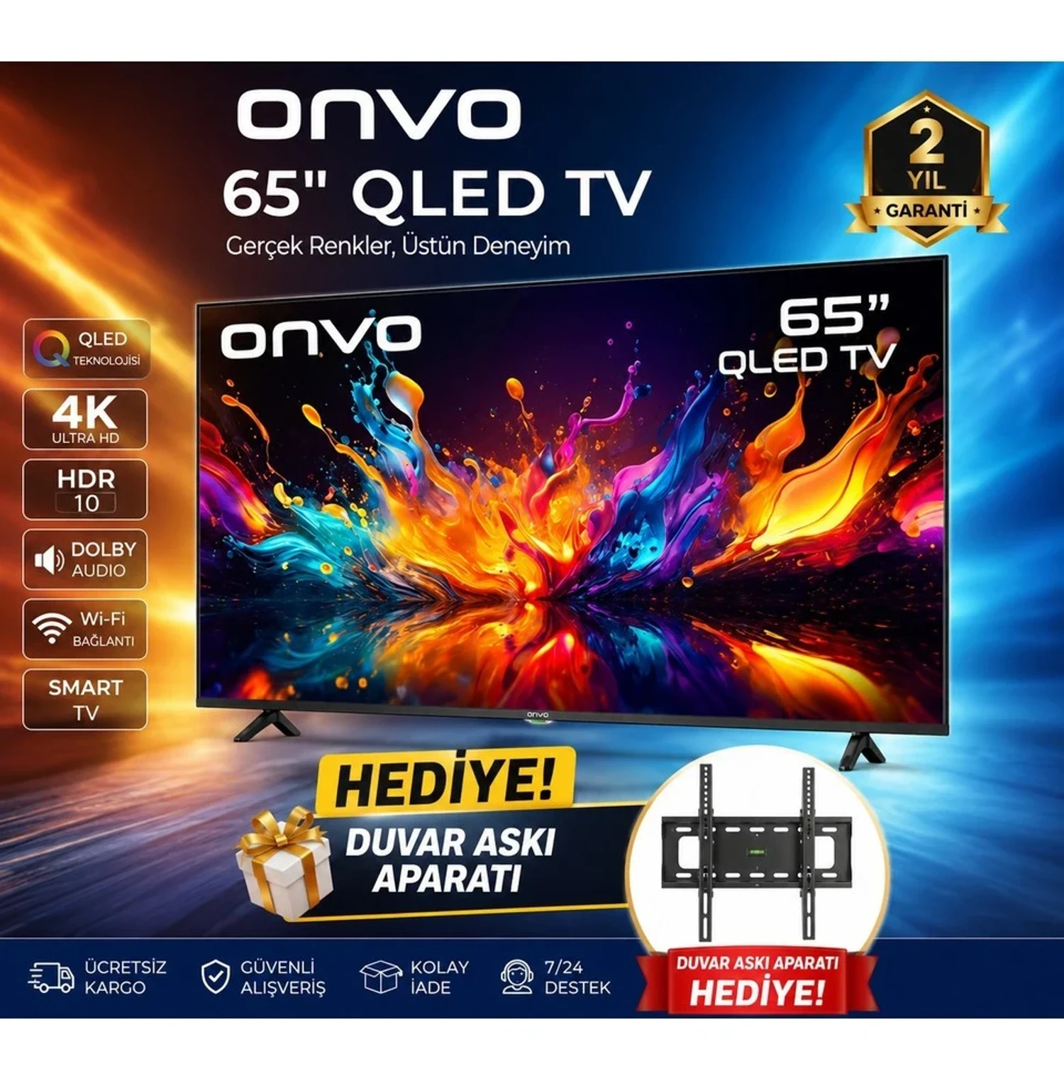 Onvo 65” QLED 4K Ultra Hd Google Smart Tv | HDR10 | Dolby Audio | Wi-Fi | Duvar Askı Aparatı Hediyeli
