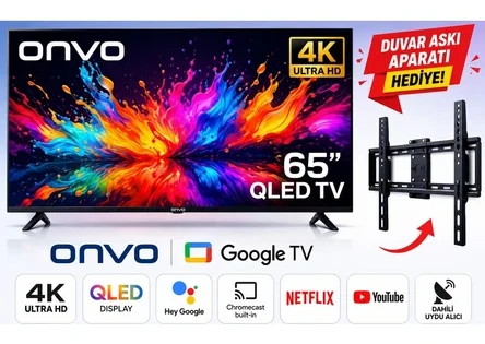 Onvo 65” QLED Google Tv 4K Ultra Hd Smart Tv Dahili Uydu Alıcılı Netflix Youtube Wi-Fi + Duvar Askı Aparatı