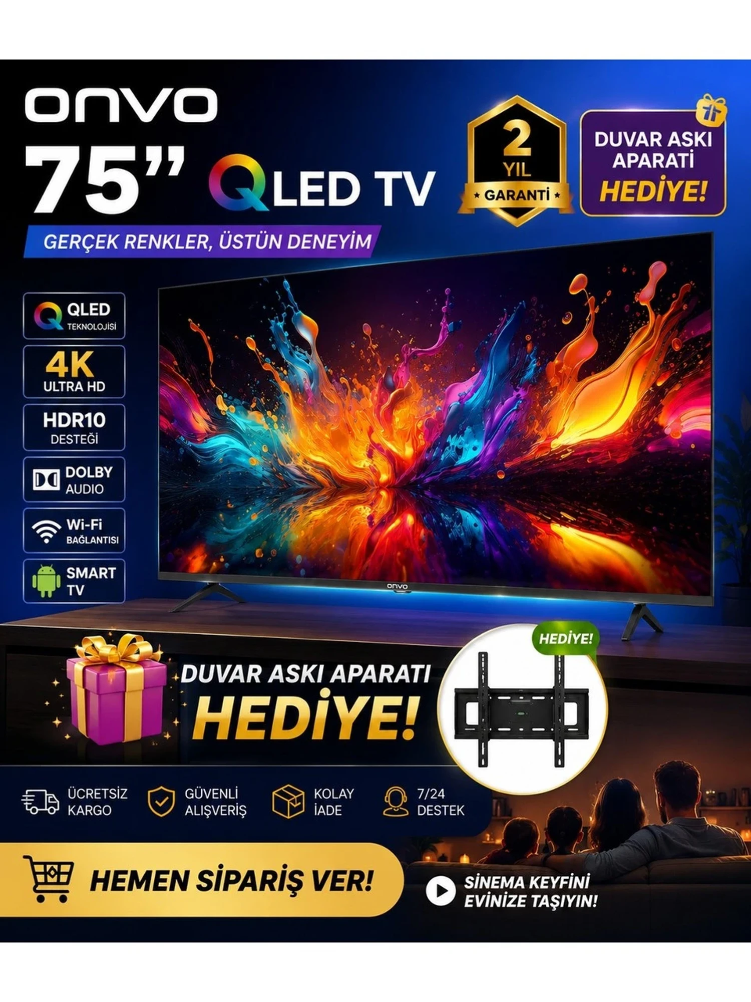 Onvo 75” QLED 4K Ultra Hd Smart Google Tv | HDR10 | Dolby Audio | Wi-Fi | Duvar Askı Aparatı Hediyeli