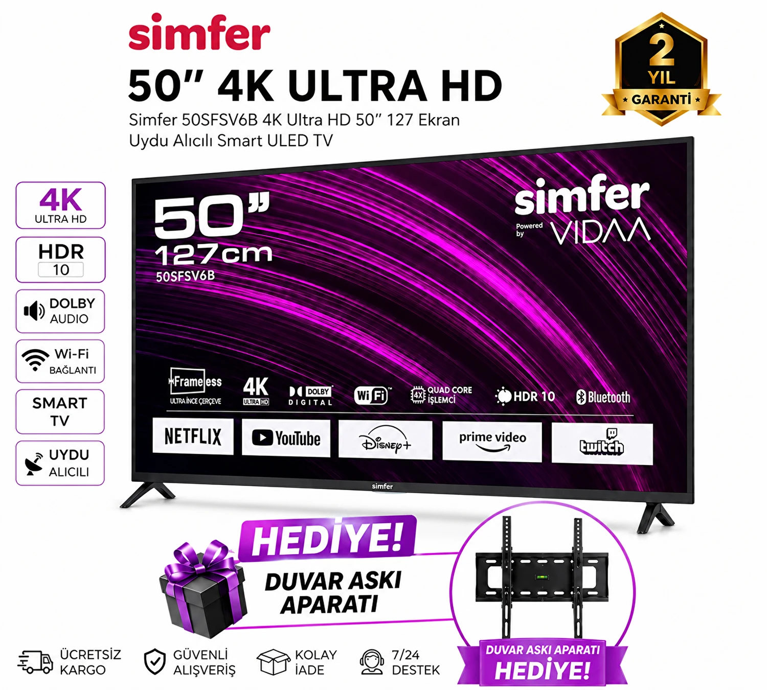 Simfer 50FSFV6B 50 127 Ekran 4K Ultra Hd HDR10 Wifi Bluetooth Uydu Alıcılı Smart Vıdaa TV