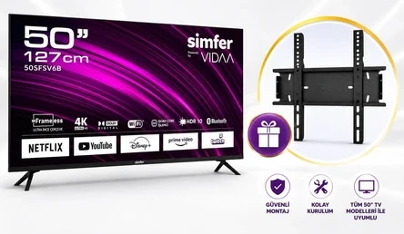 Simfer 50SFSV6B 4K Ultra Hd 50″ 127 Ekran Uydu Alıcılı Vıdaa Smart LED Tv+ Dreamstar Tv Duvar Askı Aparatı