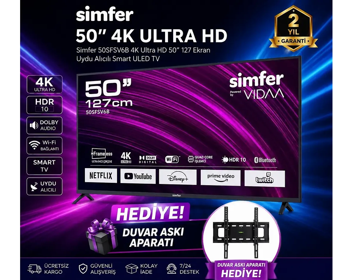 SIMFER Android 50 inç 127 cm Dahili Uydu Alıcıyahlı 4K UHD LED TV