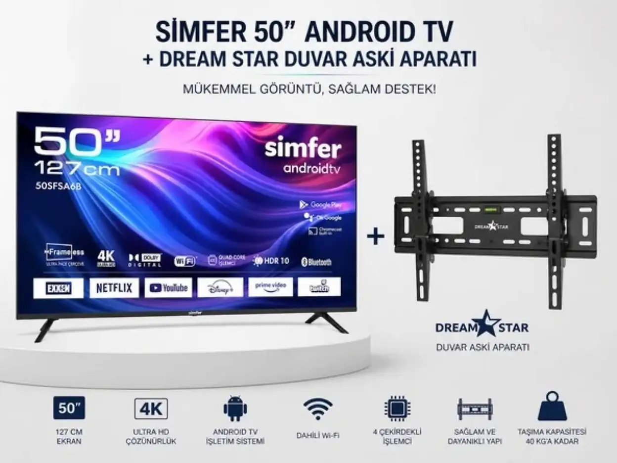 SIMFER Duvar Askı Aparatı ve 50SFSA6B 4K Ultra Hd Android 50 inç 127 cm WXGA+ SMART TV LED TV