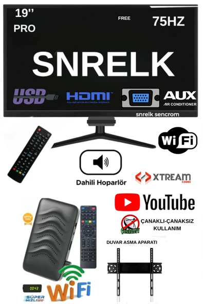 SNRELK 19” 49 EKRAN PRO DAHİLİ HOPARLÖR (DAHİLİ WİFİ) UYDU ALICISI FULL SET TV MONİTÖR HDMI-VGA-RCA-AV-USB(MULTİMEDYA)