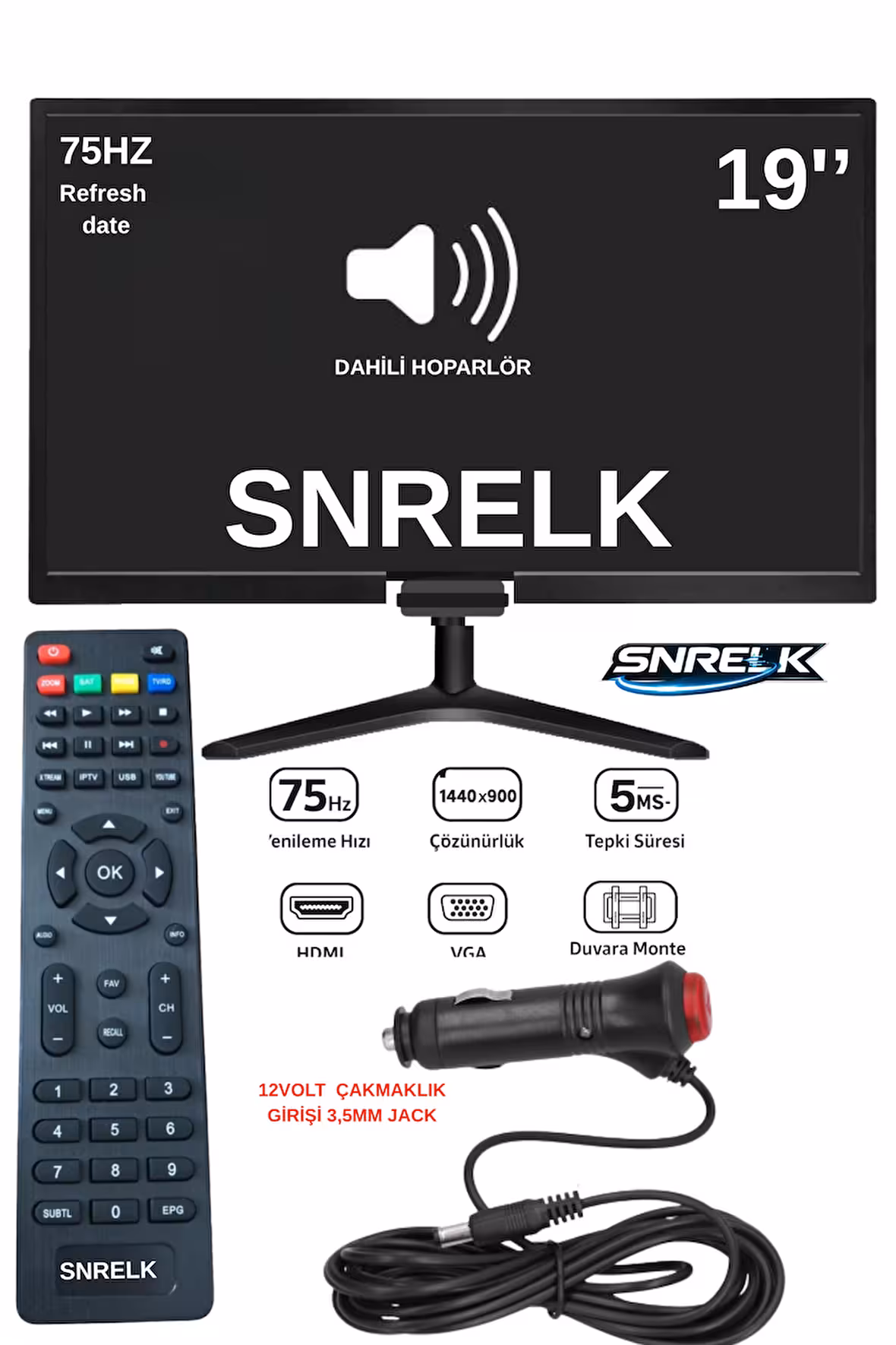SNRELK 19” Karavan Tekne Yat Araç İçi 12V Çakmaklık Girişli Multimedya Led Monitör Tv