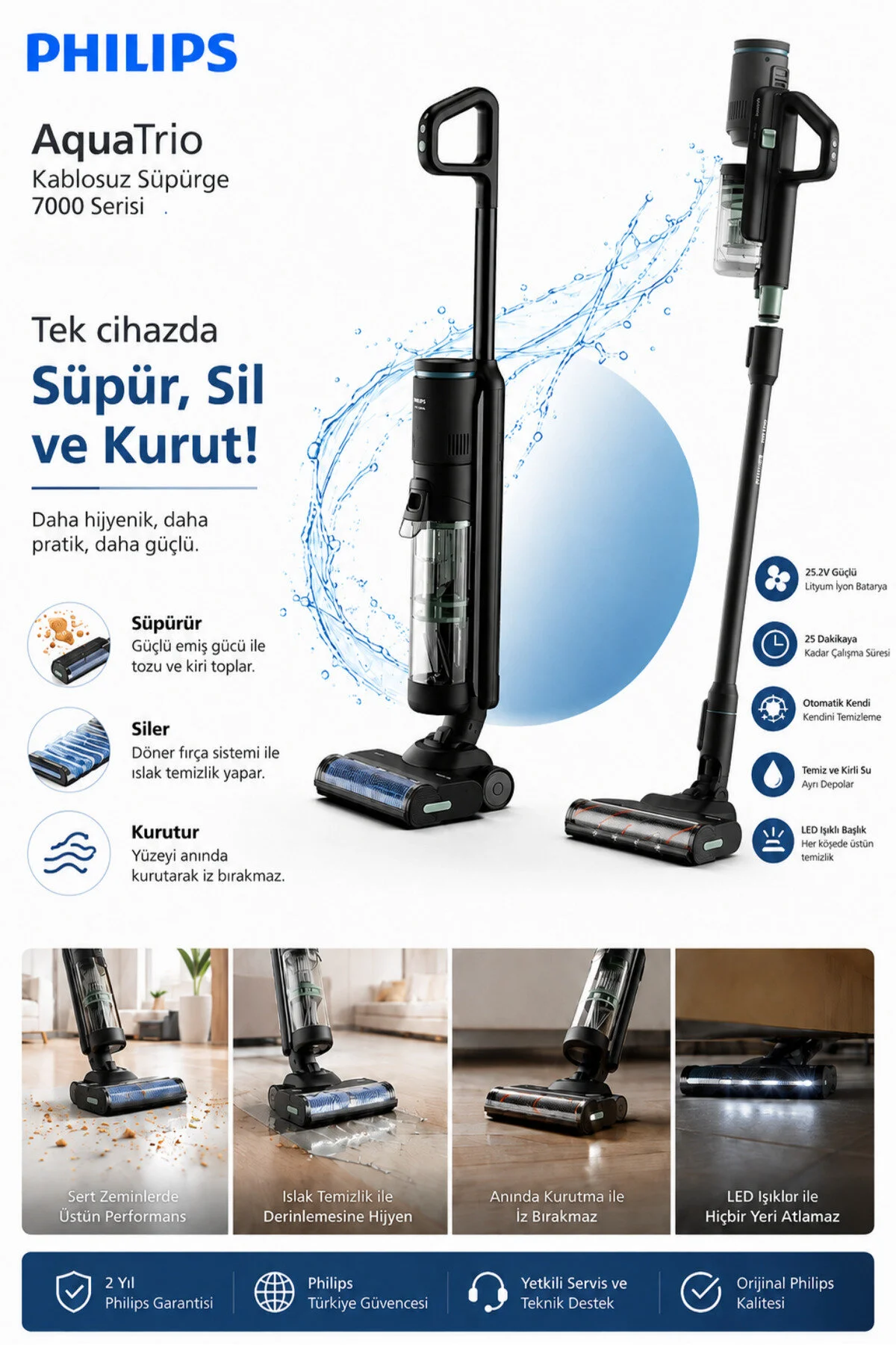 Philips AquaTrio Islak & Kuru Kablosuz Dikey Süpürge