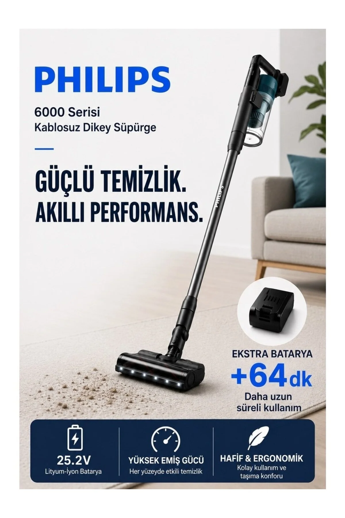 Philips ELVT LED Aydınlatmalı Kablosuz Dikey Süpürge