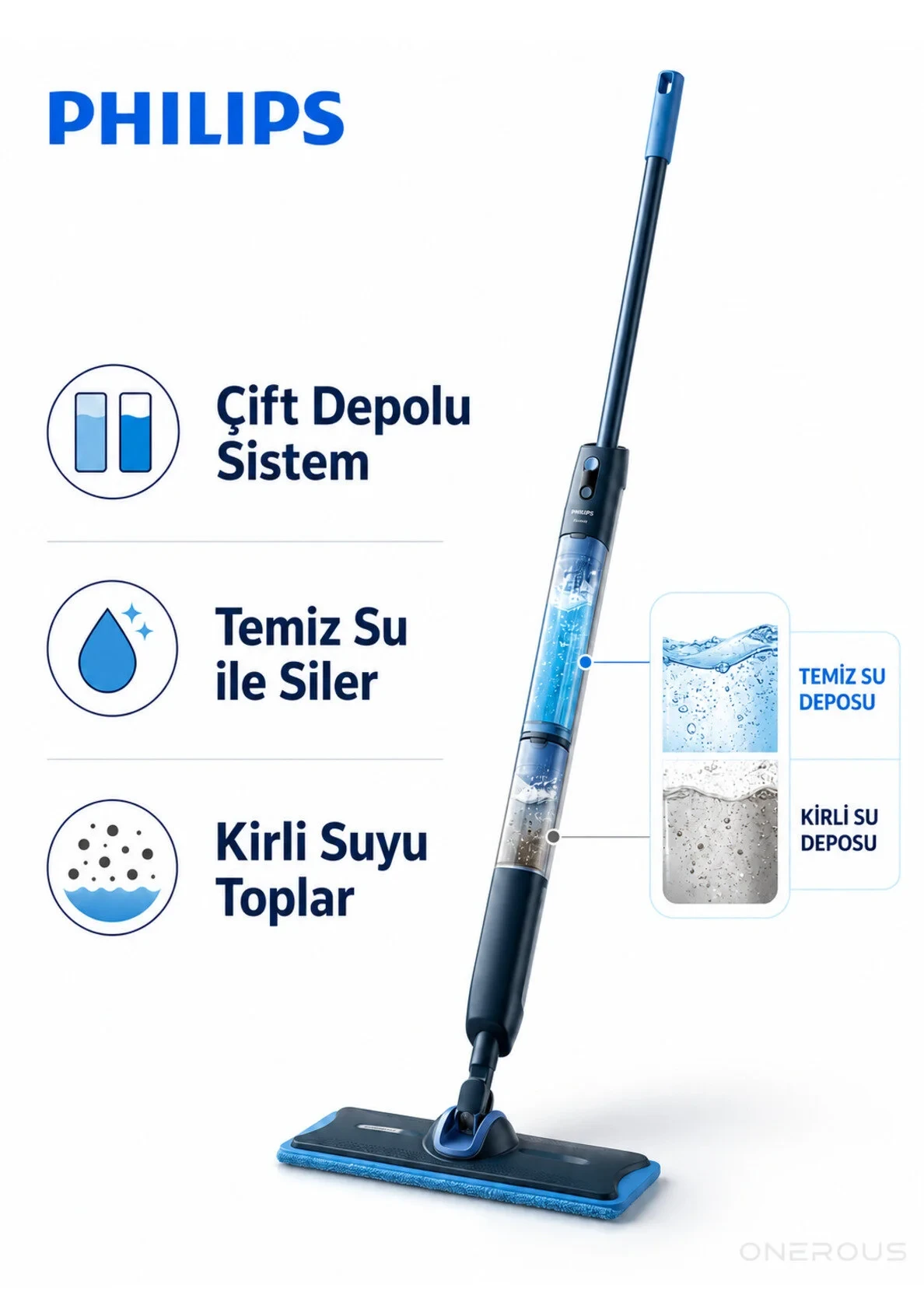 Philips OneUp Elektrikli Mop Kablosuz Zemin Temizleyici Temiz ve Kirli