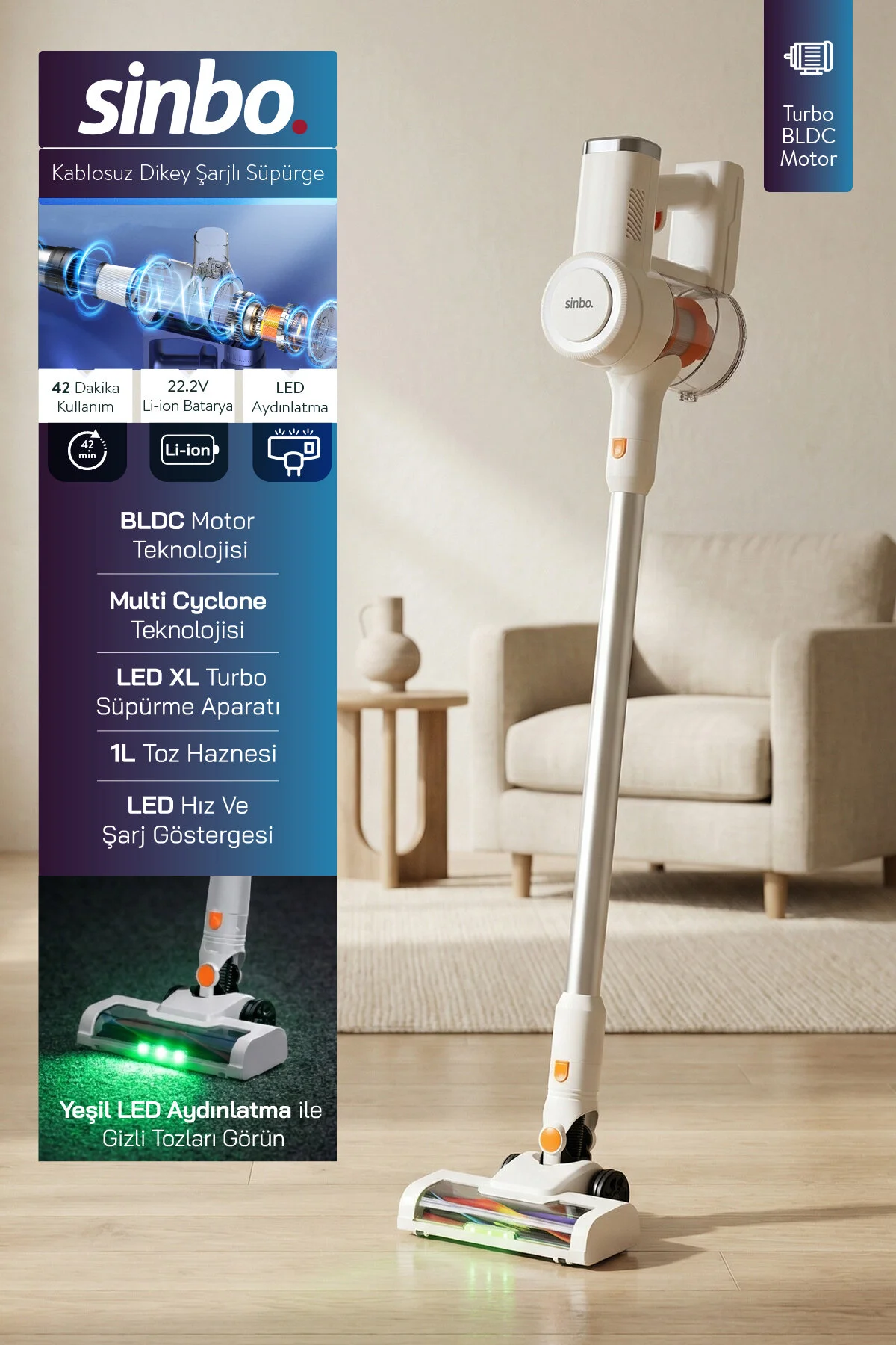 Sinbo SVC-8636 Kablosuz Dikey Şarjlı Süpürge 2200mAh Li-ion Bataryalı