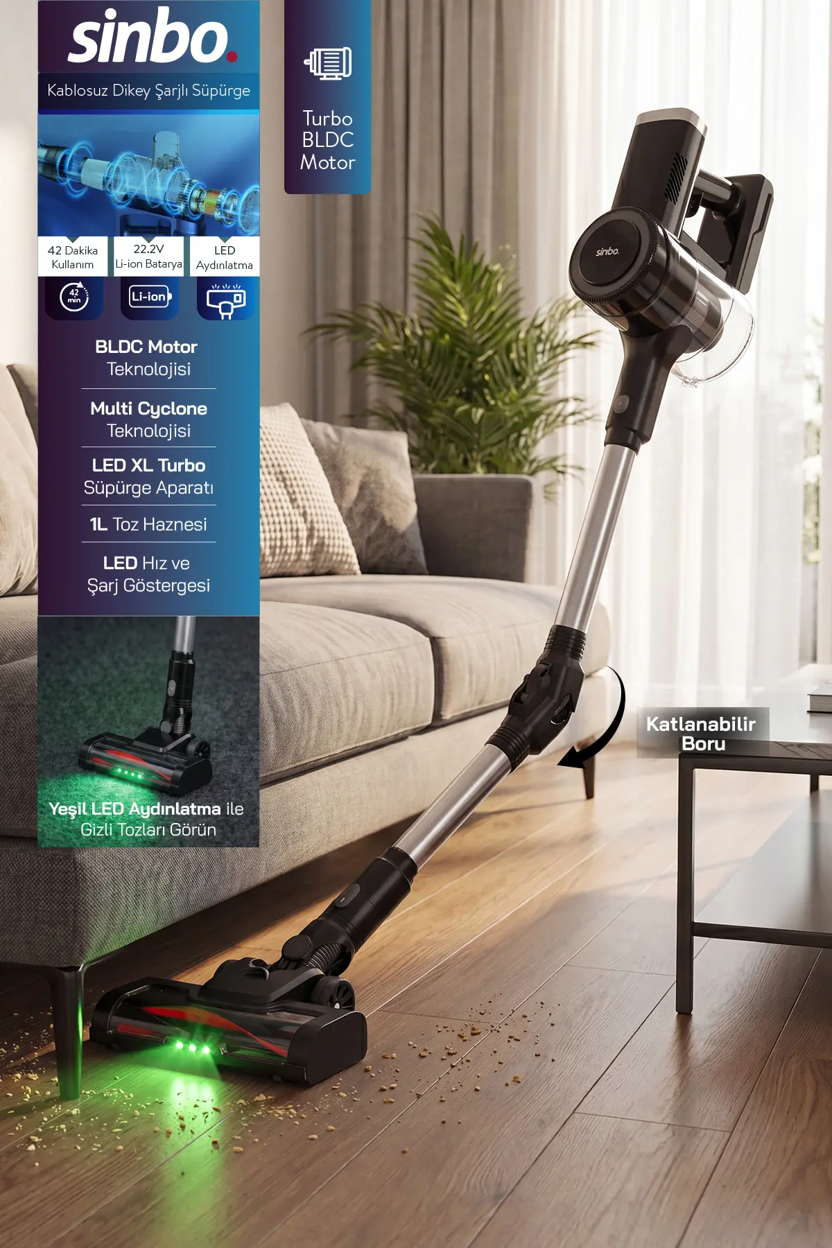 Sinbo SVC-8642 Kablosuz Dikey Şarjlı Süpürge 22.2V BLDC Motor LED