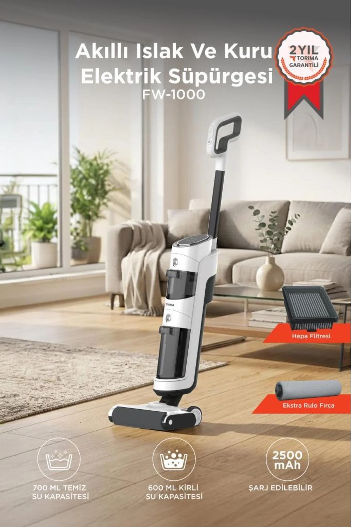 Torima Şarjlı Islak Kuru Dikey Süpürge Yüzey Temizleyici Mop FW1000