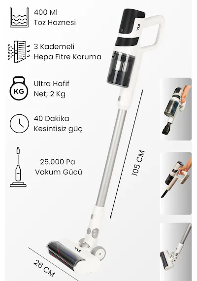 Yui DS17 2in1 25.000 Pa Şarjlı Kablosuz Dikey Süpürge ve El Süpürgesi