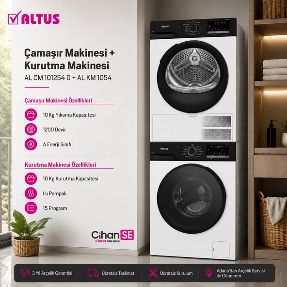Altus 10 KG Çamaşır Makinesi ve 10 KG Kurutma Makinesi İkili Paket