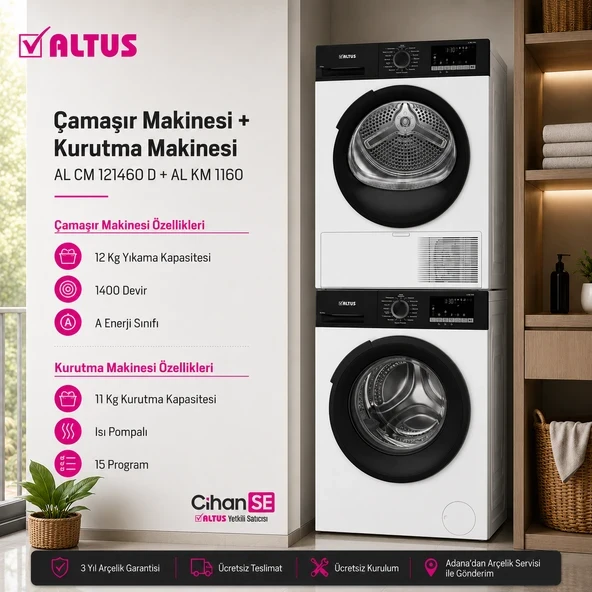 Altus 12 KG Çamaşır Makinesi ve 11 KG Kurutma Makinesi İkili Paket