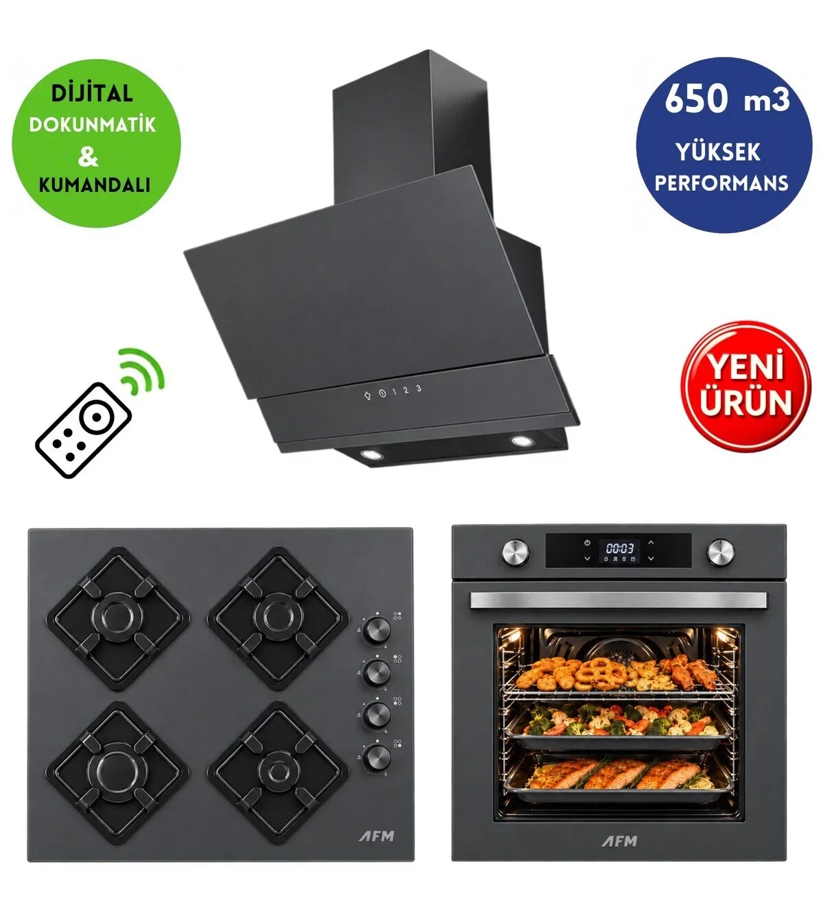 Alveus AFM Serisi GC-2 -Gri Cam Turbo Dijital 3’lü Ankastre Set (Fırın