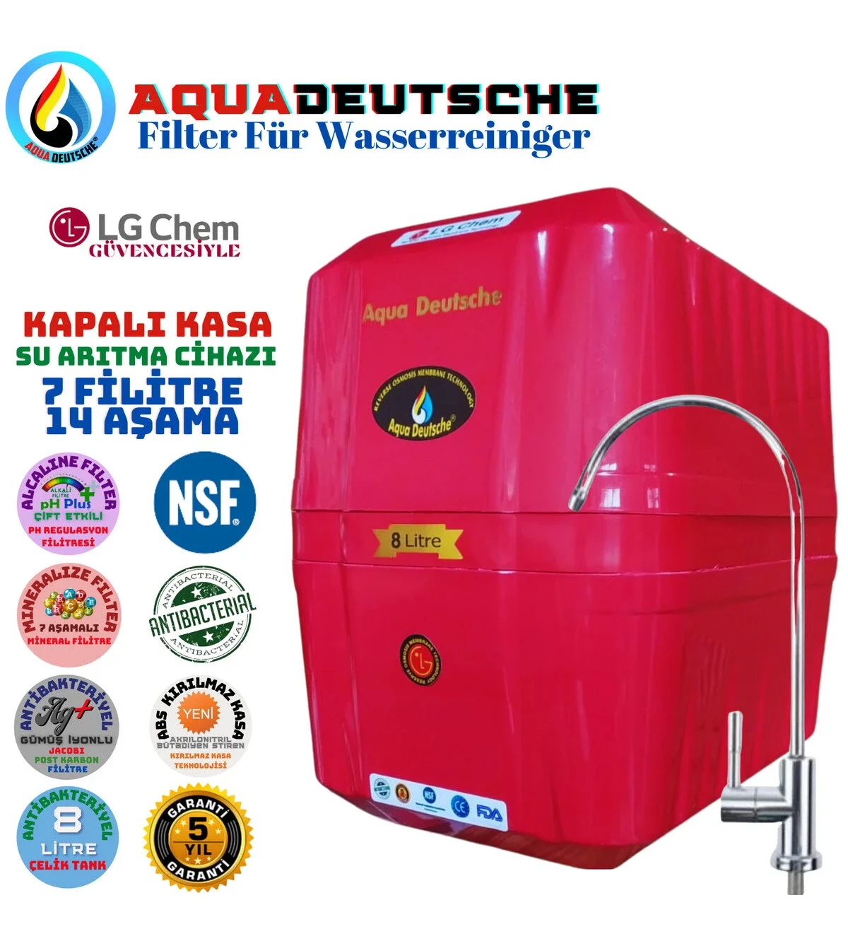 AQUA DEUTSCHE ELEGANCE 7 FİLİTRE 14 AŞAMA 8 LİTRE ALKALİ MİNERAL VE JAKOBİ TATLANDIRICILI SU ARITMA CİHAZI