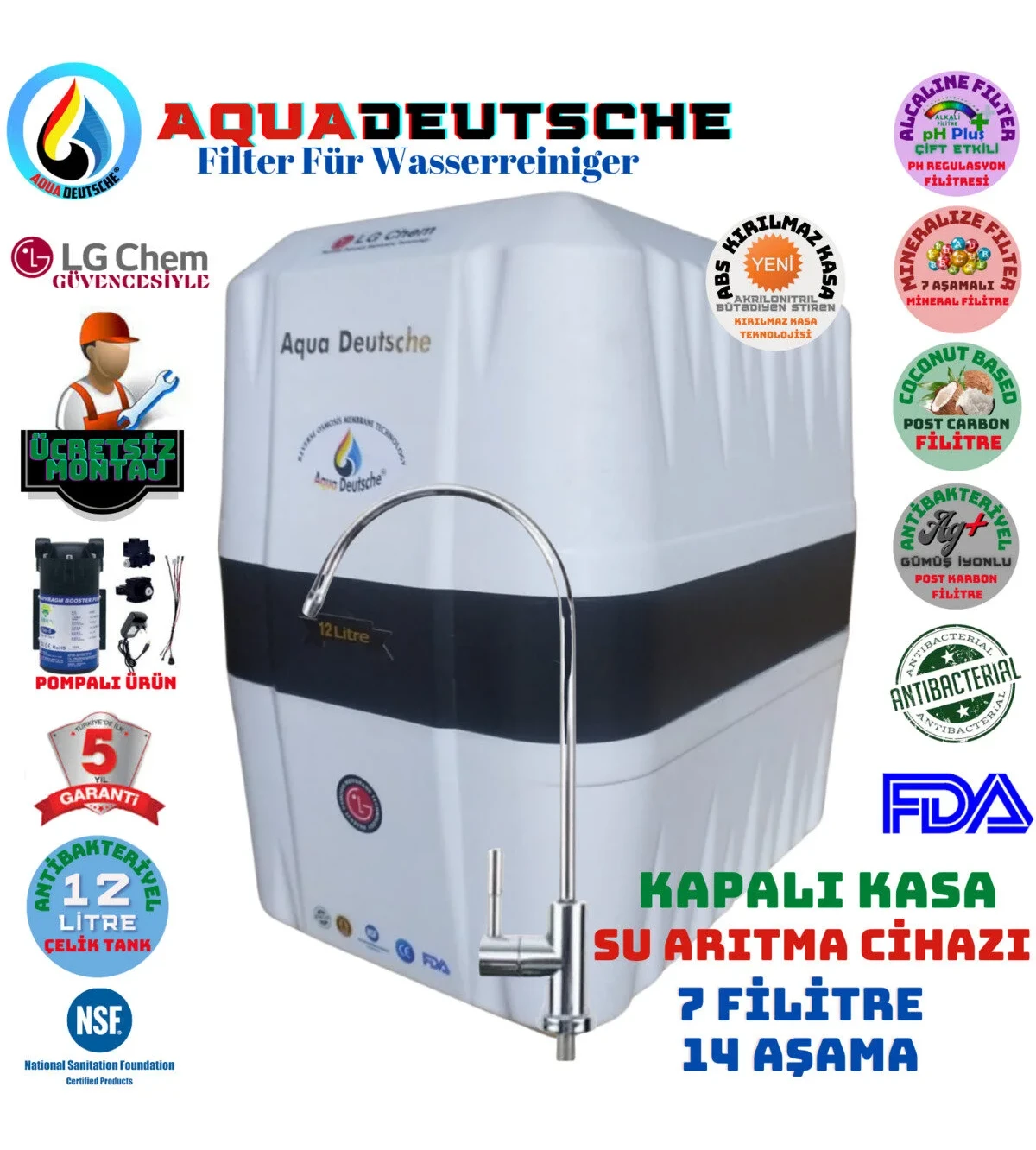 AQUA DEUTSCHE Pompalı Montaj Dahil Renk 12 Litre 14 Aşama Su Arıtma Cihazı