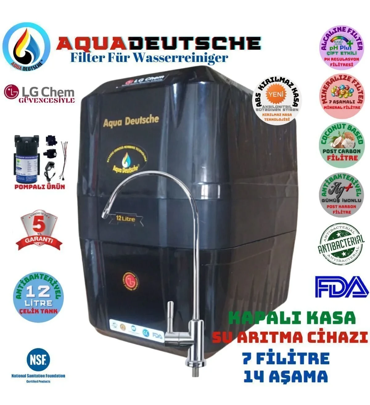 AQUA DEUTSCHE Pompalı Renk 12 Litre 14 Aşama 7 Filitre Su Arıtma Cihazı