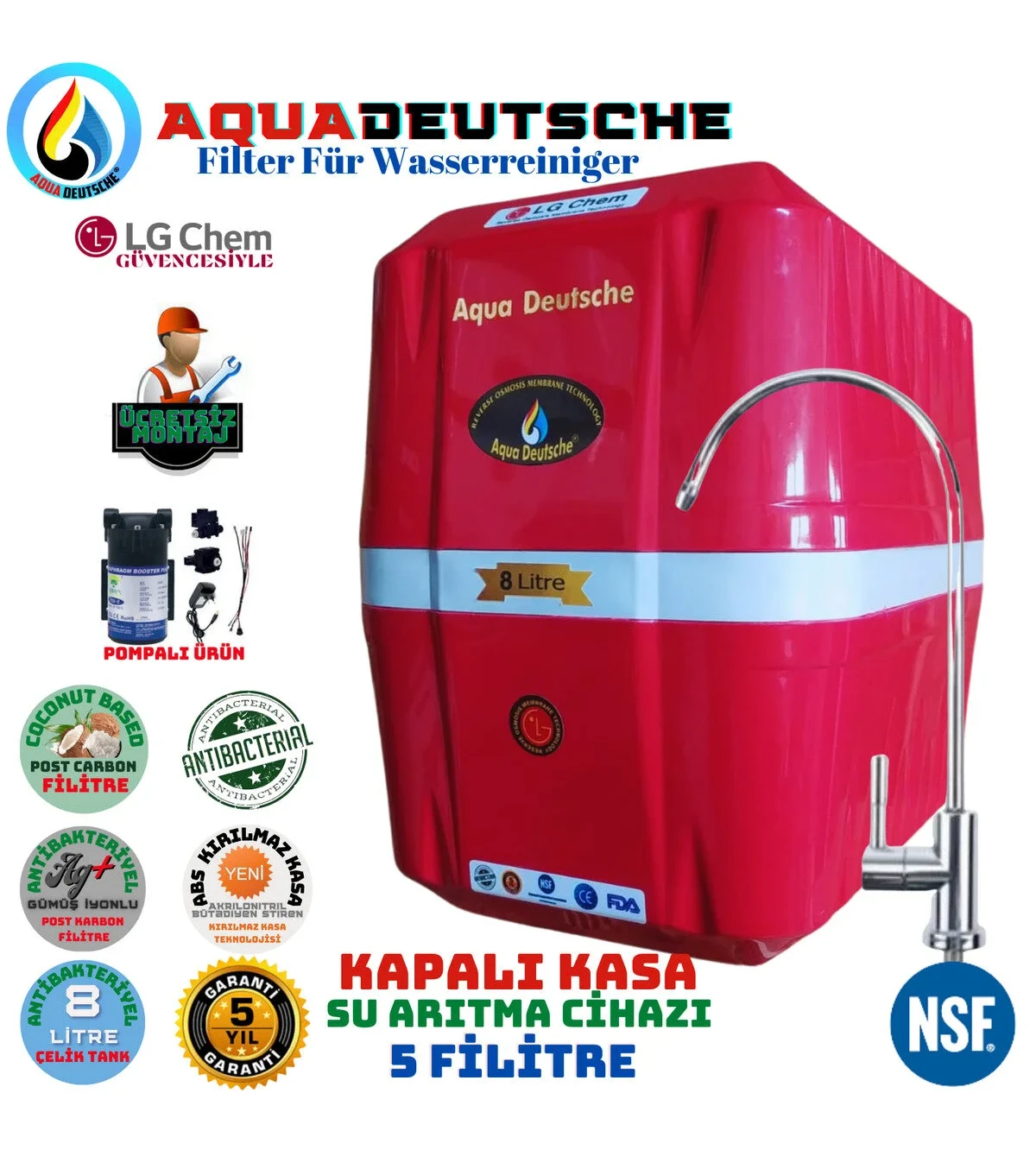 Aqua Deutsche Premium Kırmızı- 8 LT Pompalı Ücretsiz Su Arıtma Cihazı