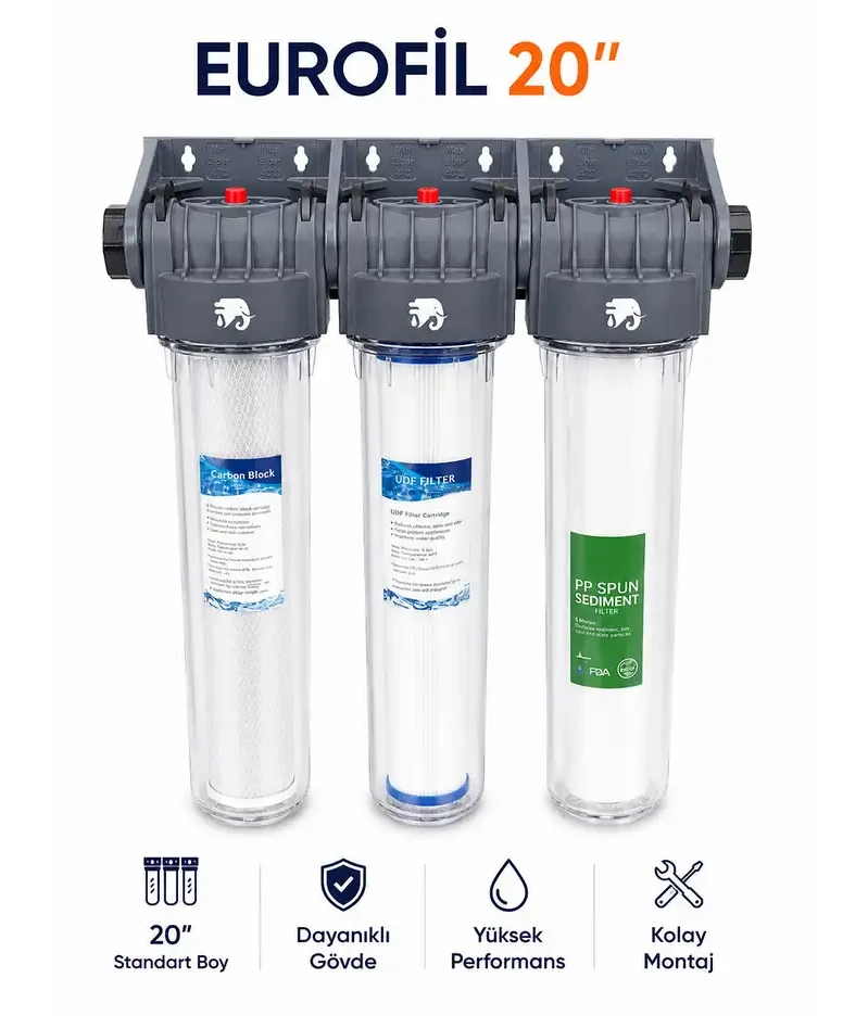 AQUABELLA Eurofil 20” Tesisat Tipi 3’lü Su Arıtma Cihazı Çamur Tortu