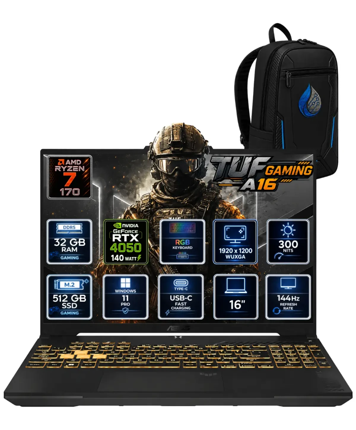 ASUS TUF Gaming A16 AMD Ryzen 7 170 DDR5 SSD RTX 4050 16” WUXGA IPS