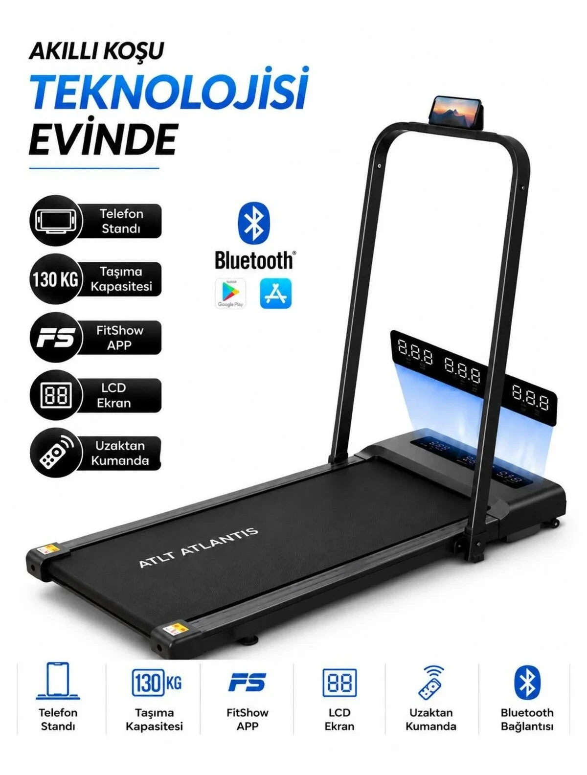 ATLT ATLANTİS 130KG Taşıma Kapasiteli Bluetoothlu Uygulamadan Koşu Bandı