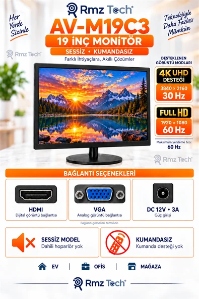 Avenir AV-M19C3 19 İnç Monitör 4K 30Hz Destekli Full HD 60Hz HDMI VGA