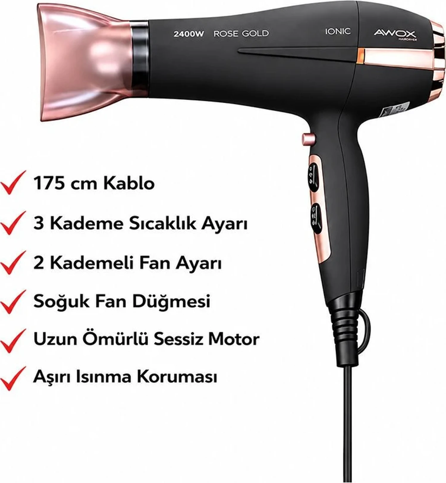 Awox Watson Saç Kurutma ve Fön Makinesi 2400W 2 Kademe Fan 3 Kademe
