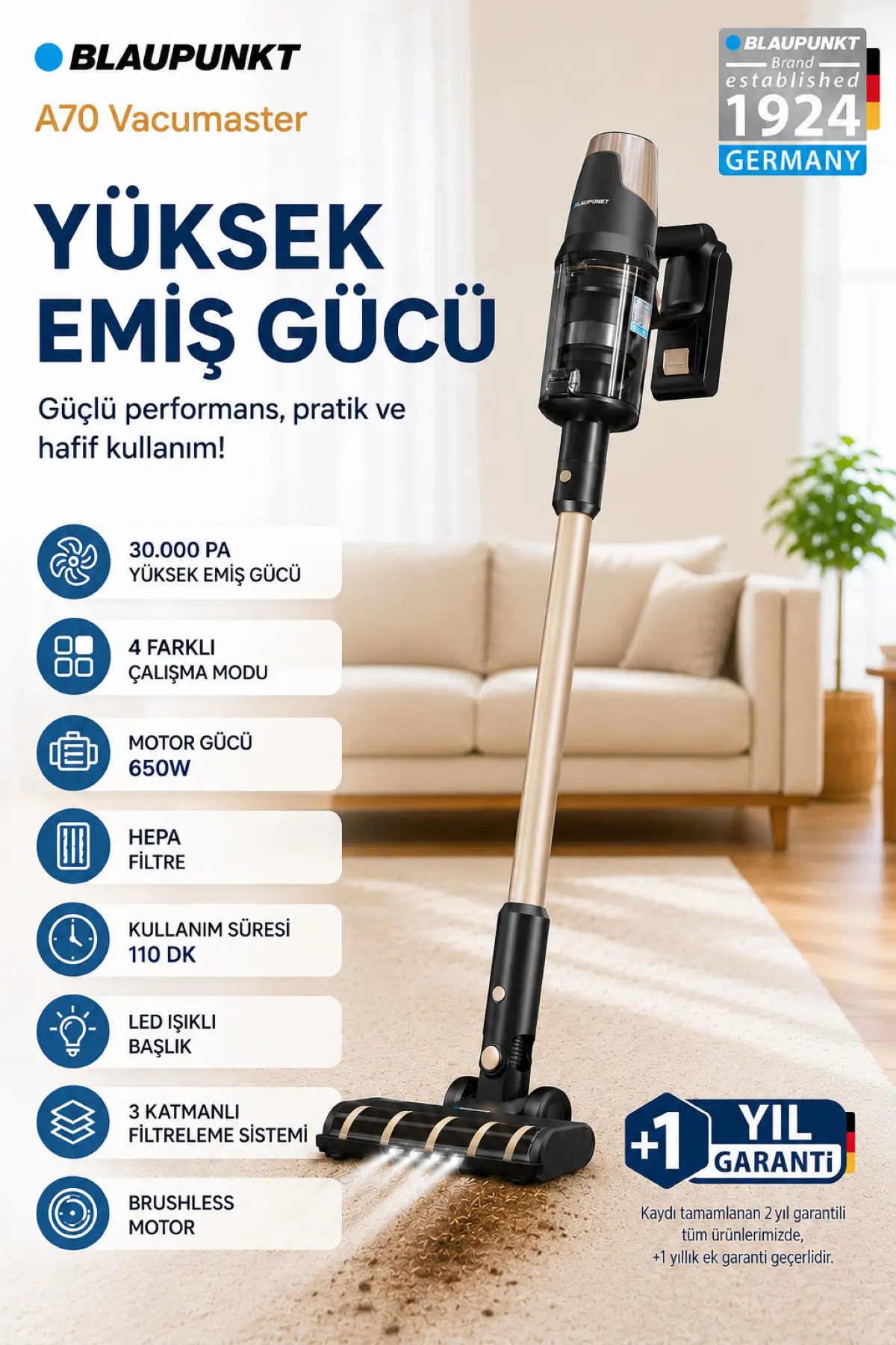 Blaupunkt A70 650W Şarjlı Dikey Süpürge 30.000 Pa Emiş Gücü 110 Dk